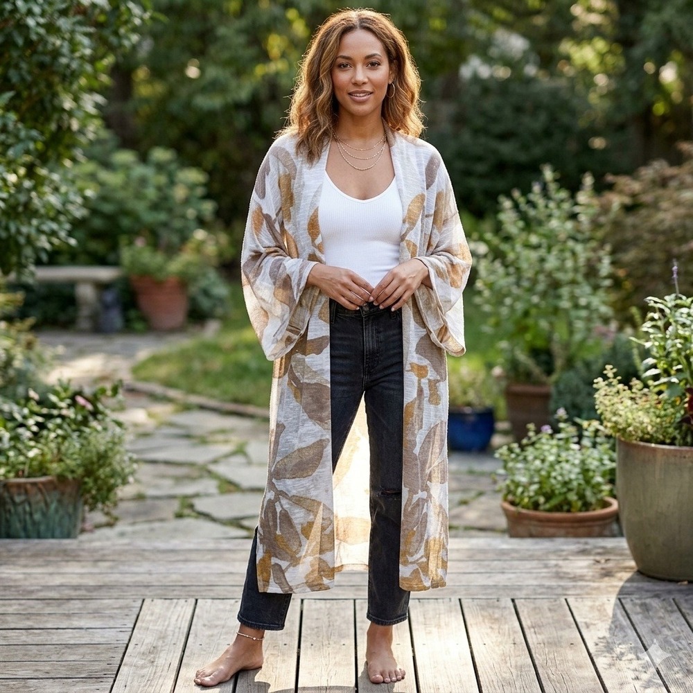 MarlaWynne Earthcore Boho Cardigan Womens 2X White Brown Leaf Print Knit Kimono
